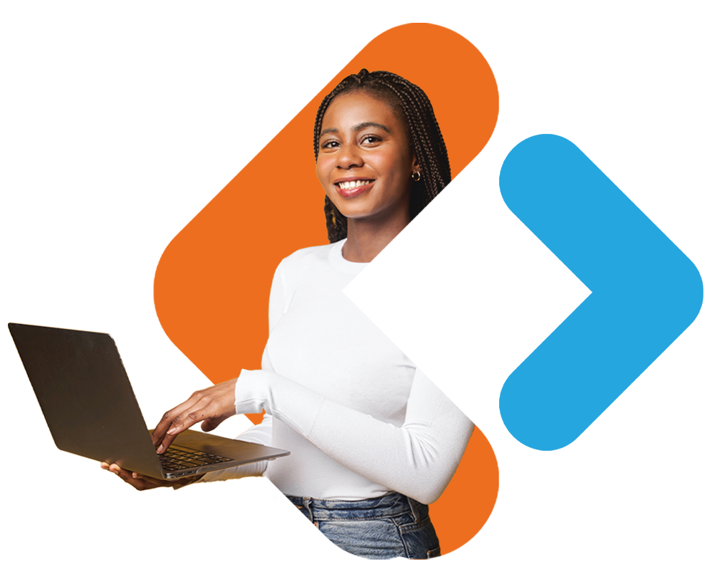 A young woman with long braids, smiling while holding and using a dark laptop. She is wearing a white long-sleeved shirt and blue jeans. She is framed within a large, vibrant orange chevron-style shape, with a matching light-blue chevron pointing right next to her.